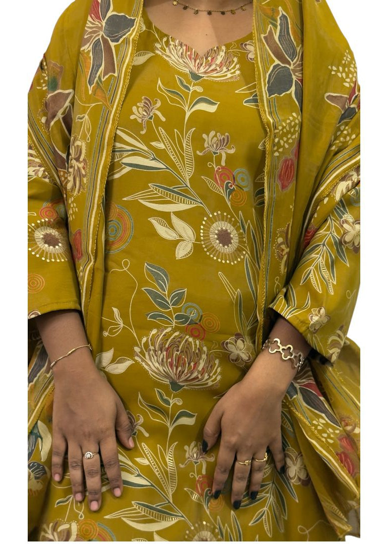 Mustard Floral Printed Kurti Set with Dupatta | ENNAH DESIGNS