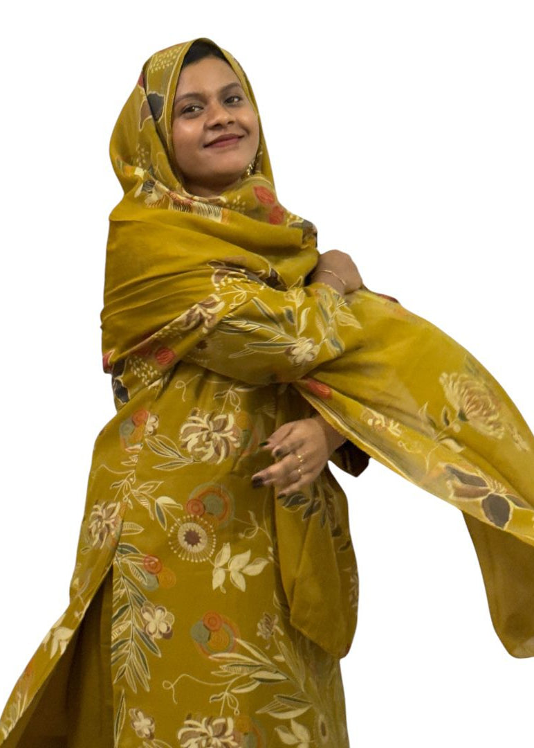 Mustard Floral Printed Kurti Set with Dupatta | ENNAH DESIGNS