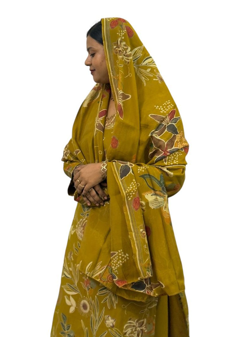 Mustard Floral Printed Kurti Set with Dupatta | ENNAH DESIGNS