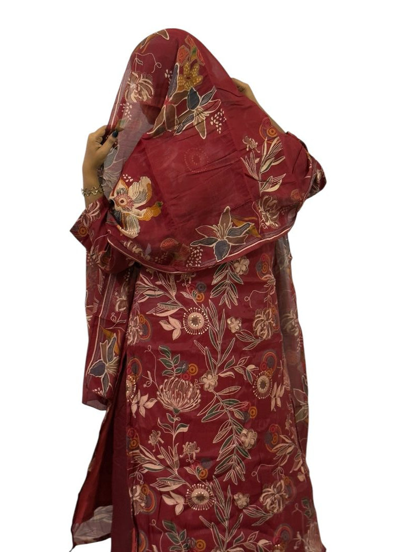 Maroon Floral Printed Kurti Set with Dupatta | ENNAH DESIGNS