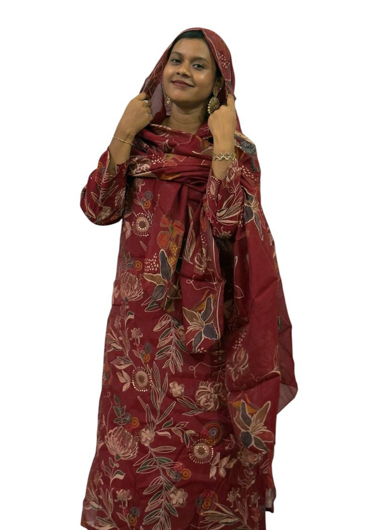 Maroon Floral Printed Kurti Set with Dupatta | ENNAH DESIGNS