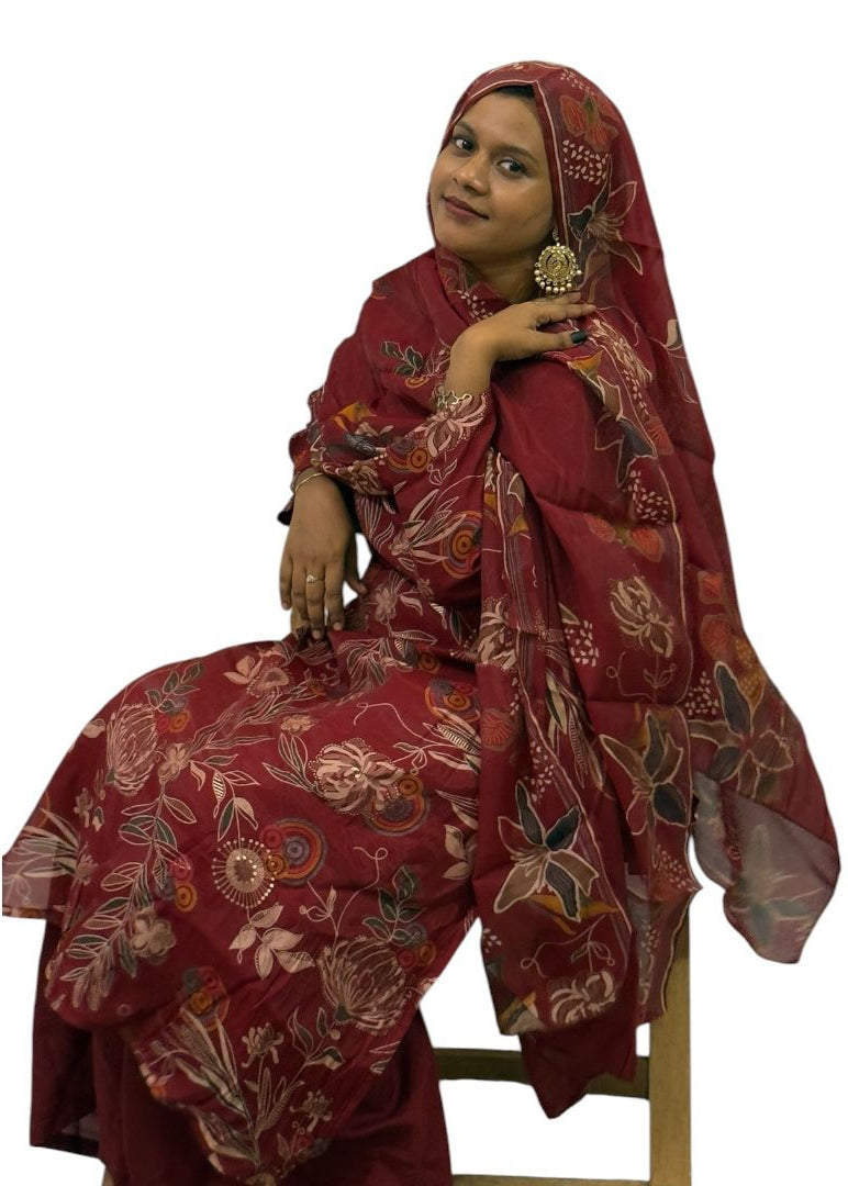 Maroon Floral Printed Kurti Set with Dupatta | ENNAH DESIGNS