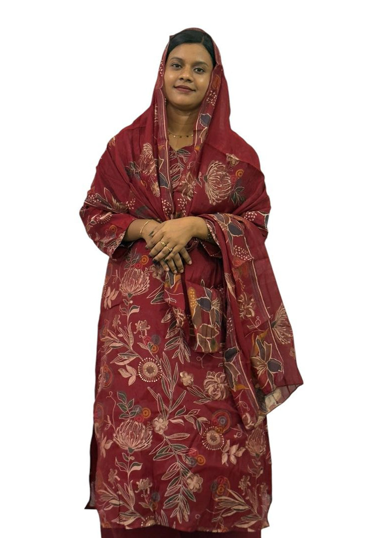 Maroon Floral Printed Kurti Set with Dupatta | ENNAH DESIGNS