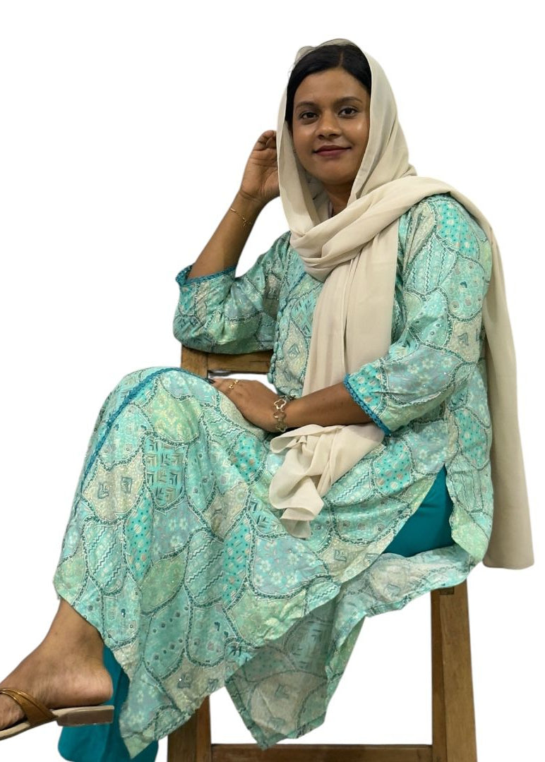 Elegant Aqua Blue Printed Kurti Set | ENNAH DESIGNS