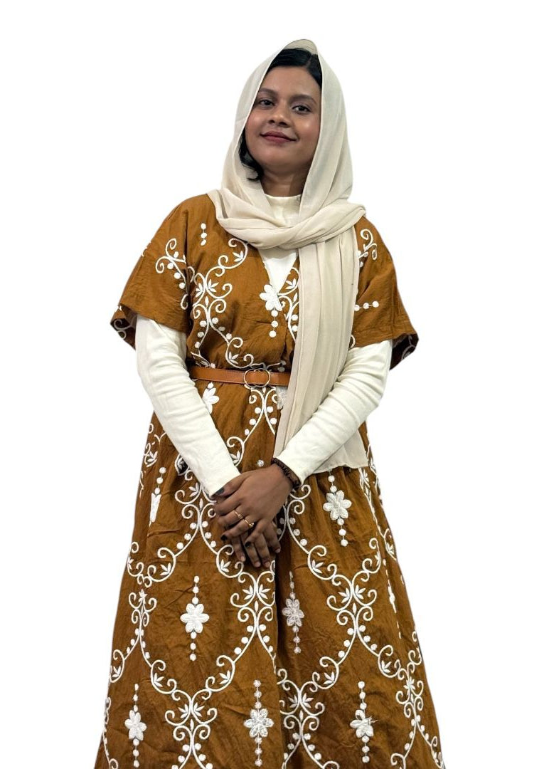 Elegant Mustard Brown Embroidered Maxi Dress | ENNAH DESIGNS
