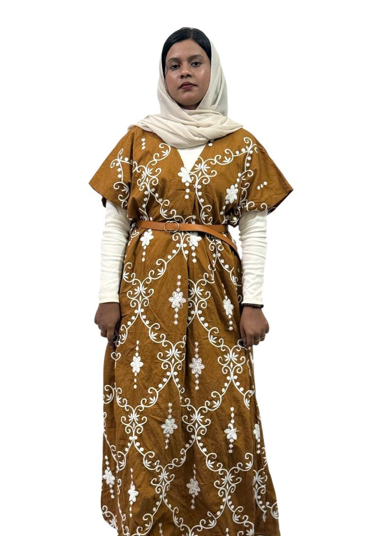 Elegant Mustard Brown Embroidered Maxi Dress | ENNAH DESIGNS