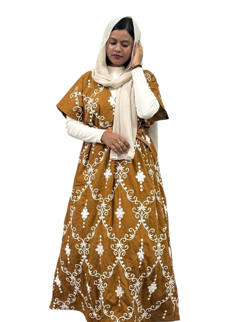 Elegant Mustard Brown Embroidered Maxi Dress | ENNAH DESIGNS