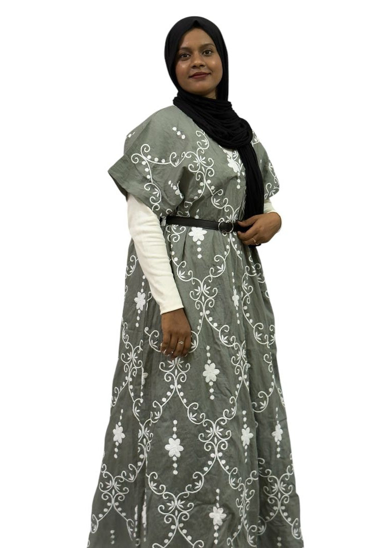 Elegant Sage Grey Embroidered Maxi Dress | ENNAH DESIGNS