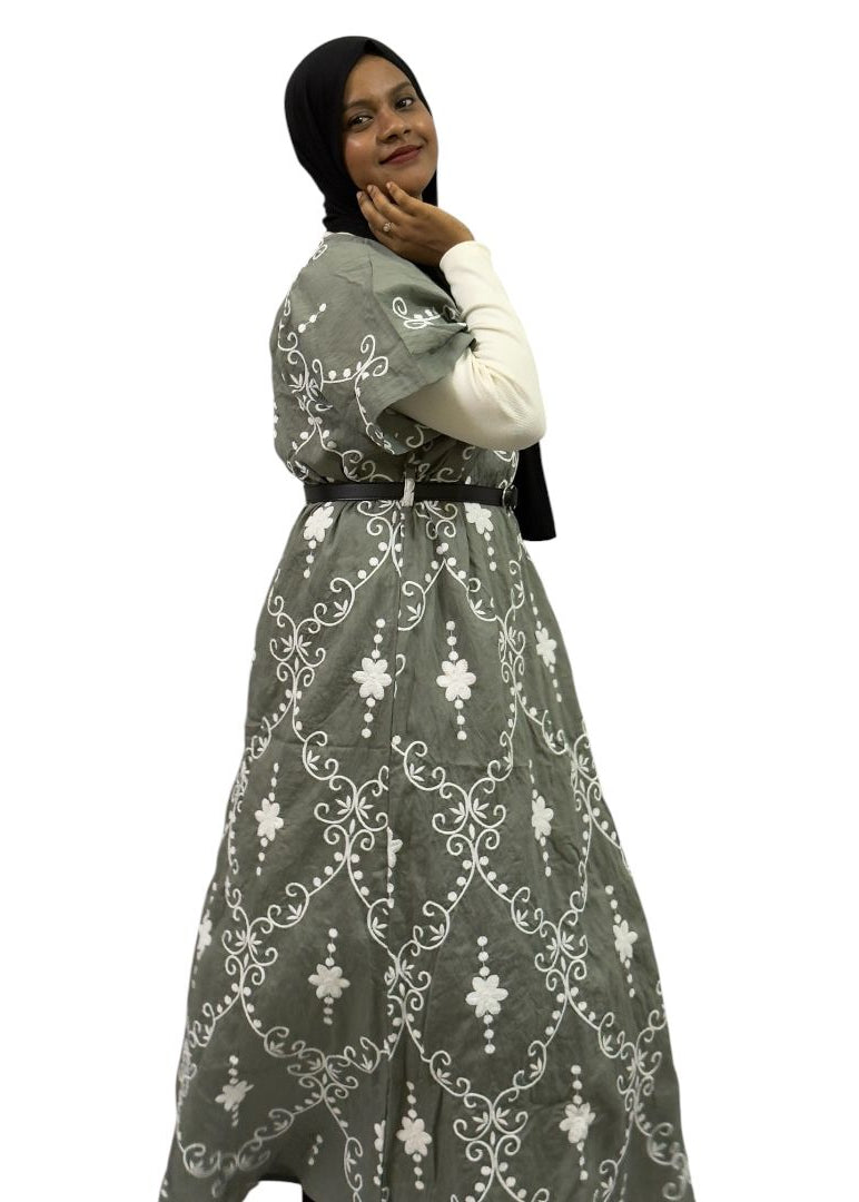 Elegant Sage Grey Embroidered Maxi Dress | ENNAH DESIGNS