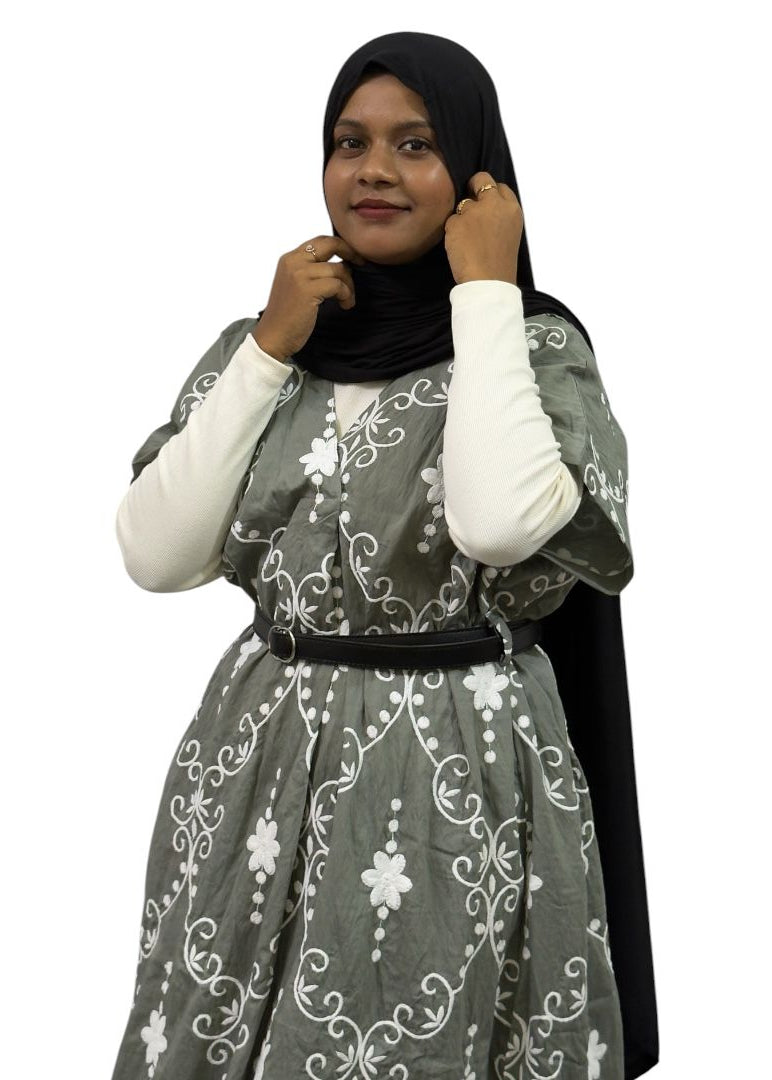 Elegant Sage Grey Embroidered Maxi Dress | ENNAH DESIGNS