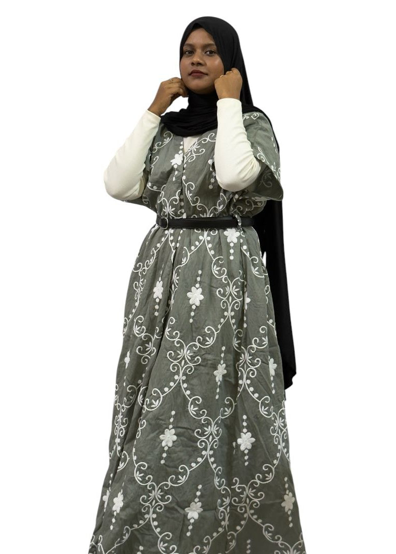 Elegant Sage Grey Embroidered Maxi Dress | ENNAH DESIGNS