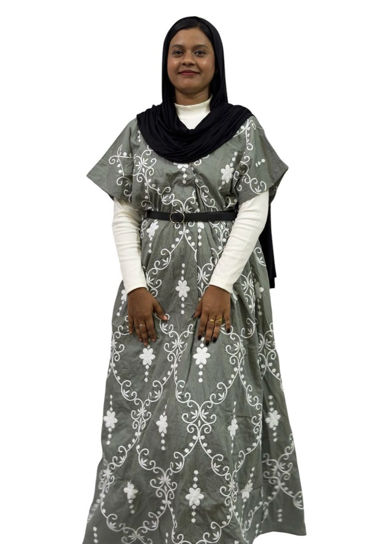 Elegant Sage Grey Embroidered Maxi Dress | ENNAH DESIGNS